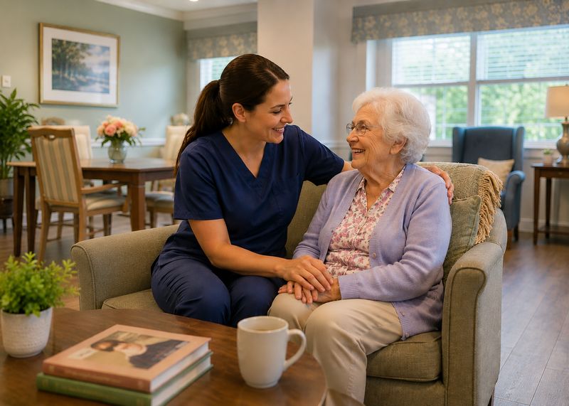 Caring staff with resident at The Waters of Huntingburg